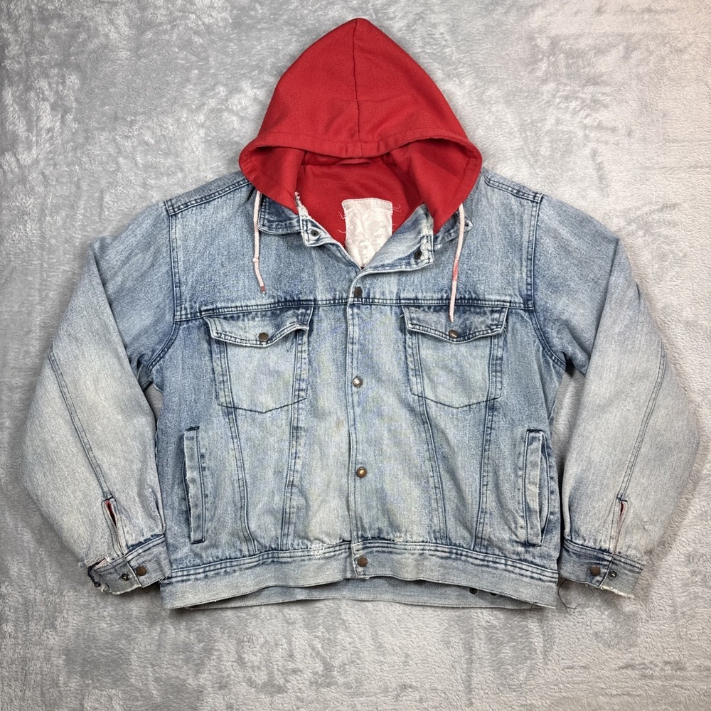 Vintage Denim Hooded‎ Jacket Men L Blue Thrashed Distressed Stained Holes Worn